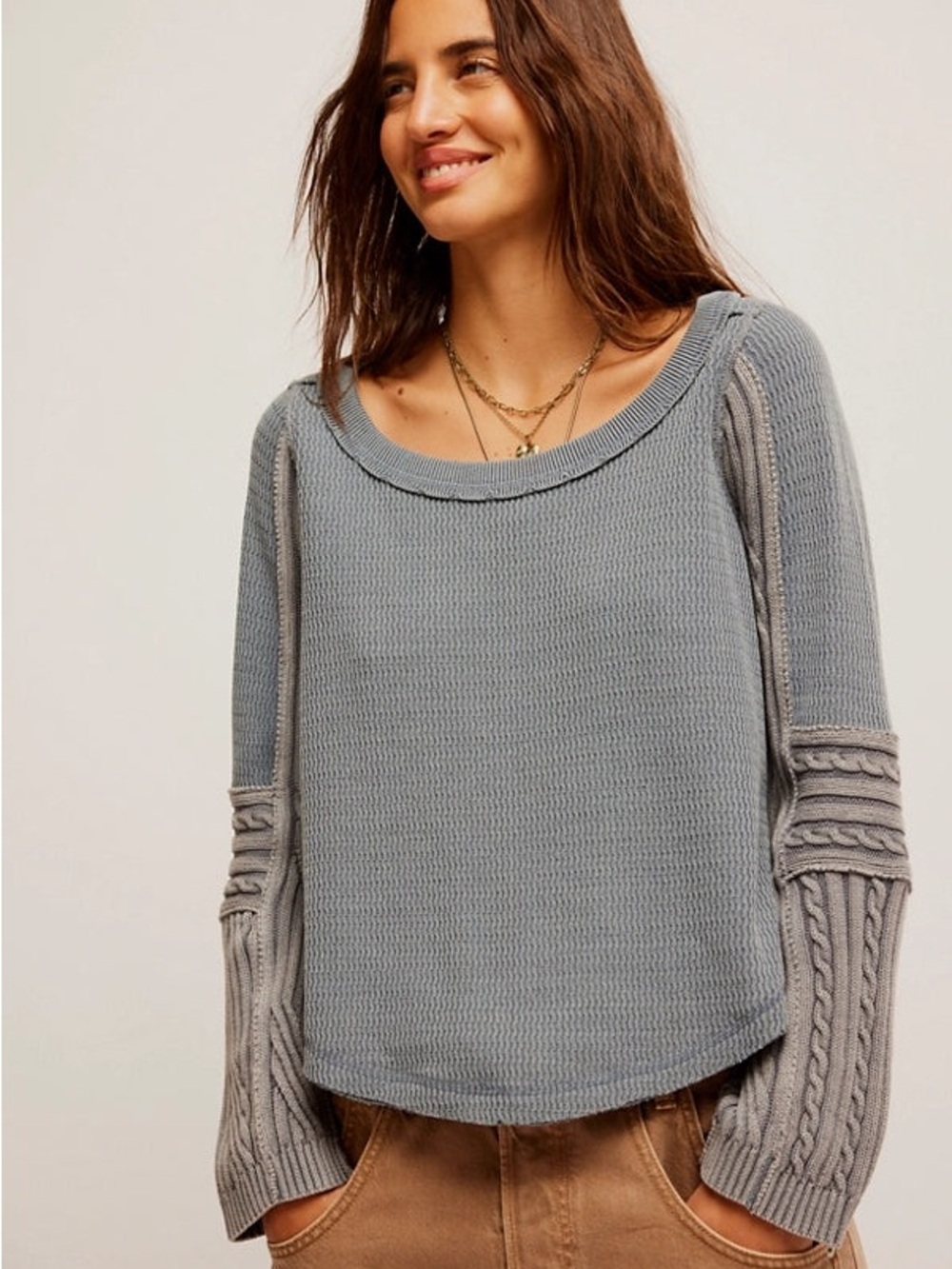 Free People We The Free Swinging Cable Cuff Cotton Top XS Waffle Knit Blue Gray